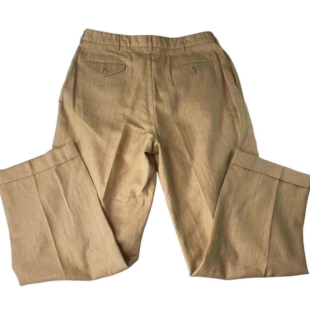 Polo Ralph Lauren Pants Men 36x32 (Fits) Herringbone Pleated Cuffed Linen Cotton